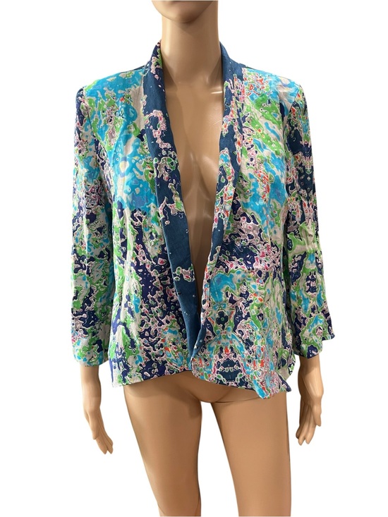 Jackets & Blazers - Alberto Makali New York Watercolor Abstract Open Blazer Lined Teal Blue Green
